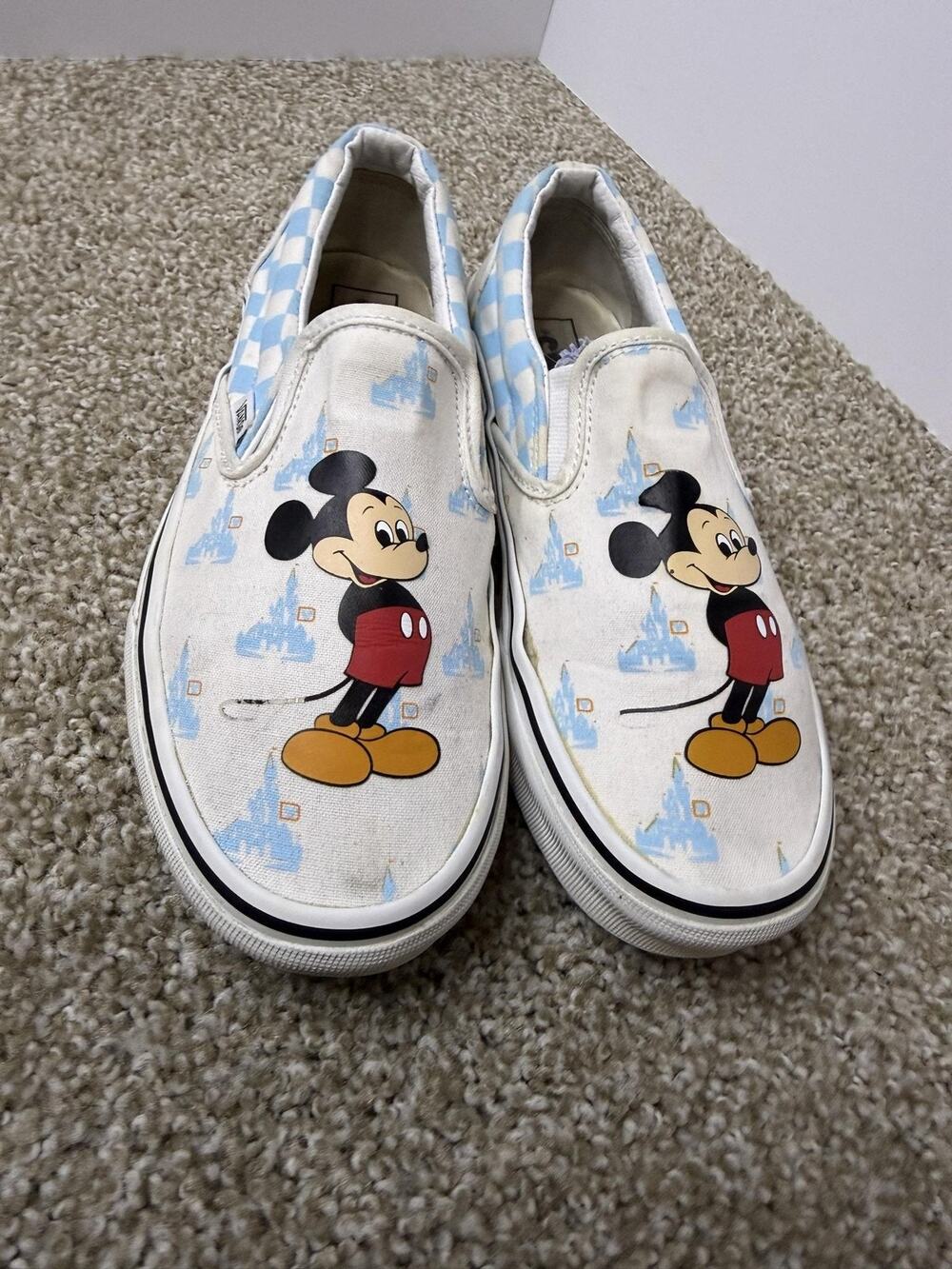 Vans Slip On Shoes Mens Size 7 White Blue Disney Mickey Castle Check Canvas
